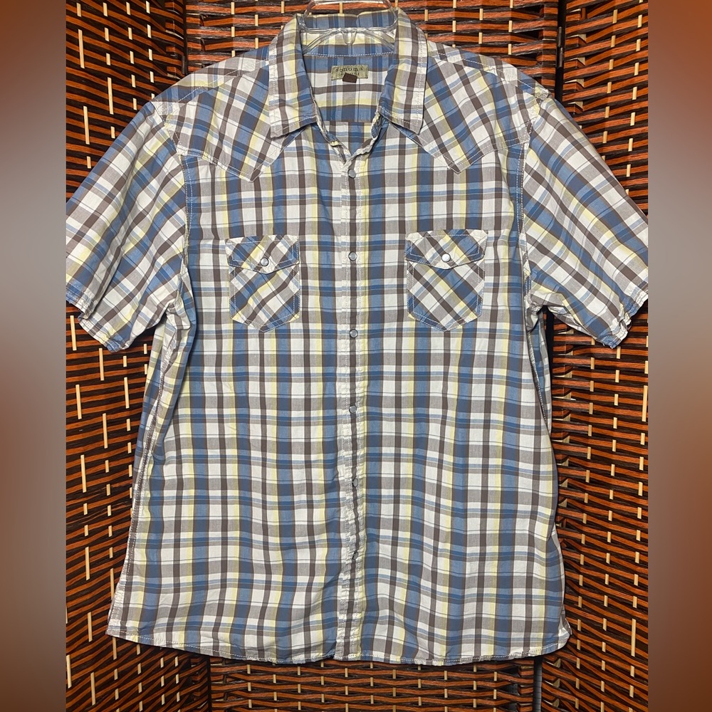 Sonoma Life + Style Plaid Pearl Snap Western Shirt Mens XL Blue Brown Cotton